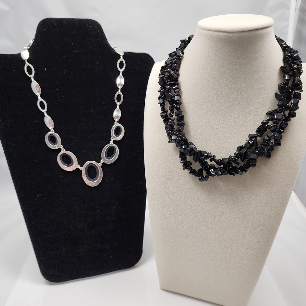 Lot of 2 Black and Silver Necklaces 16-18" Nine West and Black Agate